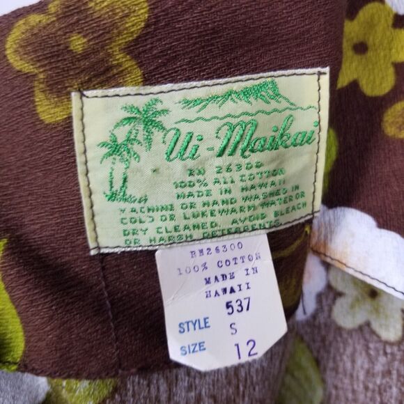 Ui-Maikai Hawaiian VTG 70s Empire  Hibiscus Print Maxi Brown Dress Size Small - Picture 12 of 13